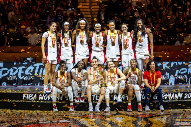 Basketball Berlin, September 13, 2026 FIBA Women’s Basketball World Cup Germany 2026 Final: United States of America (USA) vs. France (FRA). The USA wins and is crowned 2026 world champion. Team USA: Paige Bueckers (USA), No. 04 Sonia Citron USA, No. 05 Rhyne Howard USA, No. 06 Kahleah Copper USA, No. 07 Chelsea Gray USA, No. 08 Kiki Iriafen USA, No. 09 Breanna Stewart USA, No. 10 holding the trophy: Napheesa Collier (USA), No. 11 Caitlin Clark (USA), No. 12 Jackie Young (USA), No. 13 Aliyah Boston (USA), No. 14 Angel Reese (USA), No. 15 Kara Lawson (USA), Coach, Award Ceremony