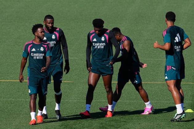 September 14, 2026, Valdebebas, Madrid, Spain: Vinicius Junior, Antonio Rudiger and Aurelien Tchouameni during the training day of Real Madrid ahead the Spanish League, LaLiga EA Sports, football match against Elche CF at Ciudad Deportiva Real Madrid on September 14, 2026, in Valdebebas, Madrid, Spain. Real Madrid Training And press conference, PK, Pressekonferenz - Laliga Ea Sports  - ZUMAa181 20260914_zaa_a181_032 Copyright: xDennisxAgyemanx