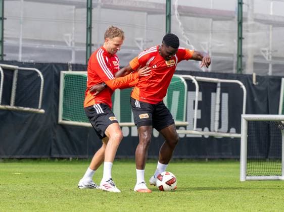 Soccer, Men s, 2026–2027 Season, Bundesliga 1, 1. FC Union Berlin, Training on Training Field II, from left: Marvin Friedrich (1. FC Union), Stanley Nsoki (1. FC Union Berlin), September 14, 2026, Copyright: xMatthiasxKochx