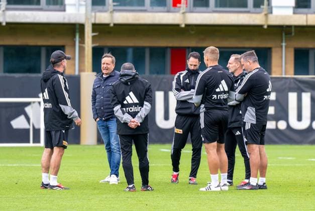 Soccer, Men s, 2026–2027 Season, Bundesliga 1, 1. FC Union Berlin, Training on Training Field II, from left: Assistant Coach Sebastian Bönig (1. FC Union Berlin), Professional Soccer Managing Director Horst Heldt (1. FC Union Berlin), Assistant Coach Sascha Stauch (1. FC Union), Assistant Coach Enrico Schirinzi (1. FC Union), Strength and Conditioning Coach Martin Krüger (1. FC Union), Head Coach Mauro Lustrinelli (1. FC Union Berlin), Assistant Coach Michel Renggli (1. FC Union) after practice, September 14, 2026, Copyright: xMatthiasxKochx