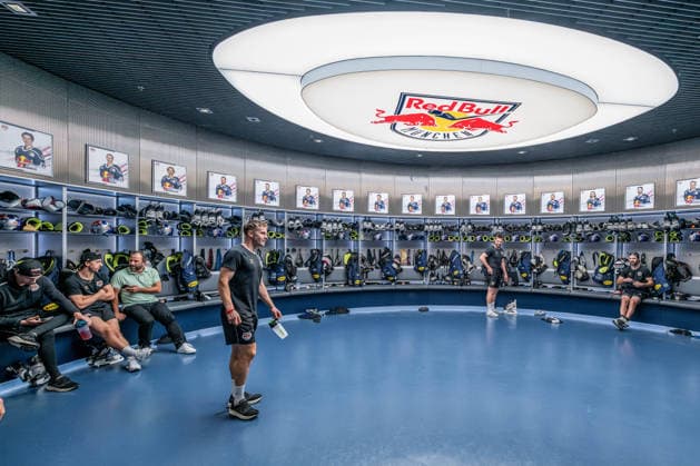 The players locker room at EHC Red Bull Munich GER, EHC Red Bull Munich, ice hockey, DEL, Open Locker Room, September 14, 2026. Photo by HMB Media, Heike Feiner Copyright: HMBxMedia HeikexFeiner