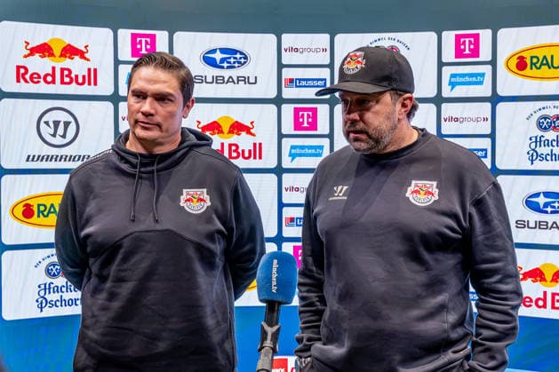 Neville Rautert, Managing Director of Sports, EHC Red Bull Munich, and Oliver David, Head Coach, EHC Red Bull Munich, during an interview in front of the sponsor wall GER, EHC Red Bull Munich, ice hockey, DEL, Open Locker Room, September 14, 2026 Photo by HMB Media, Heike Feiner Copyright: HMBxMedia HeikexFeiner