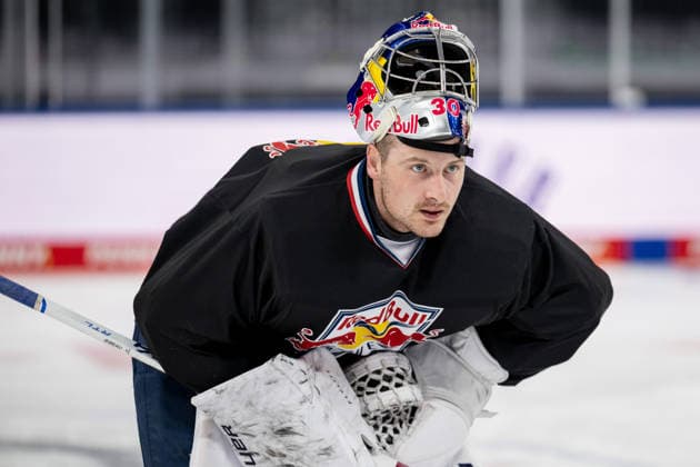 Antoine Bibeau, goaltender, EHC Red Bull Munich, 30, GER, EHC Red Bull Munich, ice hockey, training session ahead of the DEL season opener, September 14, 2026. Photo: HMB Media, Heike Feiner Copyright: HMBxMedia HeikexFeiner