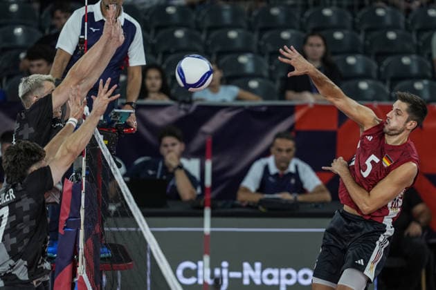 Germany v Switzerland - CEV EuroVolley 2026 Men CLUJ-NAPOCA, ROMANIA - SEPTEMBER 14: Moritz Reichert (R) of Germany in action during the CEV EuroVolley 2026 Pool D match between Germany and Switzerland at BT Arena in Cluj-Napoca, Romania, on September 14, 2026. Osmancan Gurdogan Anadolu Cluj Romania. Editorial use only. Please get in touch for any other usage.  Copyright: x2026xAnadoluxOsmancanxGurdoganx