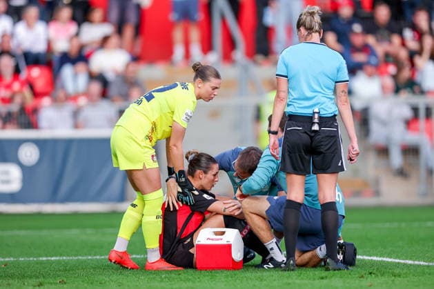 September 14, 2026, Soccer, Women s Bundesliga 1, Bayer 04 Leverkusen vs. FC Bayern Munich, Matchday 4, Ulrich Haberland Stadium, 2026–27 Season Selina Ostermeier of Bayer 04 Leverkusen 02 is injured on the field and requires medical attention; she is injured due to dizziness; injury on the field. DFB regulations prohibit any use of photographs as image sequences and or quasi-video. North Rhine-Westphalia, Germany