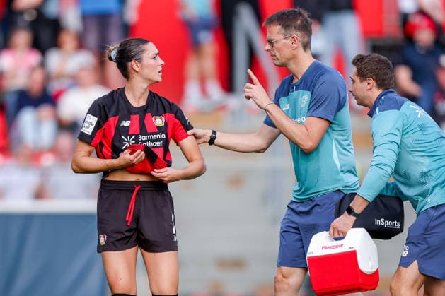 September 14, 2026, Soccer, Women s Bundesliga 1, Bayer 04 Leverkusen vs. FC Bayern Munich, Matchday 4, Ulrich Haberland Stadium, 2026–27 Season Selina Ostermeier of Bayer 04 Leverkusen 02 is injured on the field and requires medical attention; she is injured due to dizziness; injury on the field. DFB regulations prohibit any use of photographs as image sequences and or quasi-video. North Rhine-Westphalia, Germany