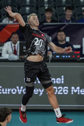 Germany v Switzerland - CEV EuroVolley 2026 Men CLUJ-NAPOCA, ROMANIA - SEPTEMBER 14: Switzerland s Lars Migge in action during the CEV 2026 European Men s Volleyball Championship Group D match between Germany and Switzerland at BT Arena in Cluj-Napoca, Romania, on September 14, 2026. Osmancan Gurdogan Anadolu Cluj Romania. Editorial use only. Please get in touch for any other usage.  Copyright: x2026xAnadoluxOsmancanxGurdoganx