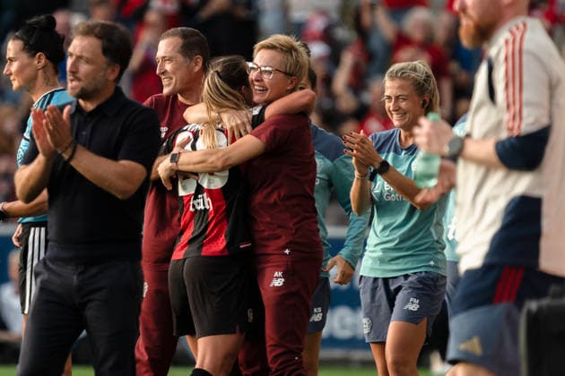 Germany Google Pixel Women s Bundesliga 2026, Matchday 27, Match 4: Bayer 04 Leverkusen vs. FC Bayern Munich, September 14, 2026, Ulrich Haberland Stadium, 1-0 goal by Paulina Tomasiak, celebration, joy, emotions, goal celebration Copyright: xCelinaxLeiersx