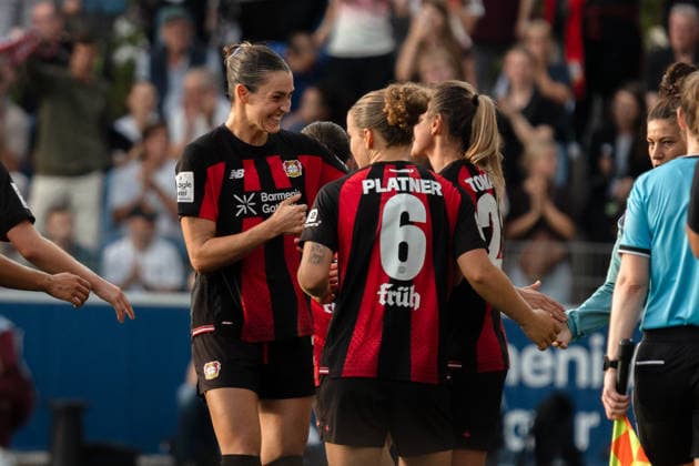 Germany Google Pixel Women s Bundesliga 2026, Matchday 27, Match 4: Bayer 04 Leverkusen vs. FC Bayern Munich, September 14, 2026, Ulrich Haberland Stadium, 1-0 goal by Paulina Tomasiak, celebration, joy, emotions, goal celebration, Selina Ostermeier Copyright: xCelinaxLeiersx