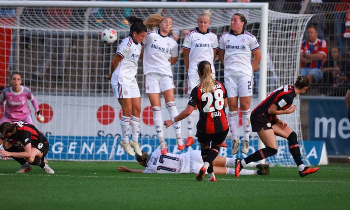 Paulina Tomasiak (B04) scores the 1-0 goal, Leverkusen, Germany, September 14, 2026, Women s Bundesliga, Matchday 4, Bayer 04 Leverkusen vs. FC Bayern Munich