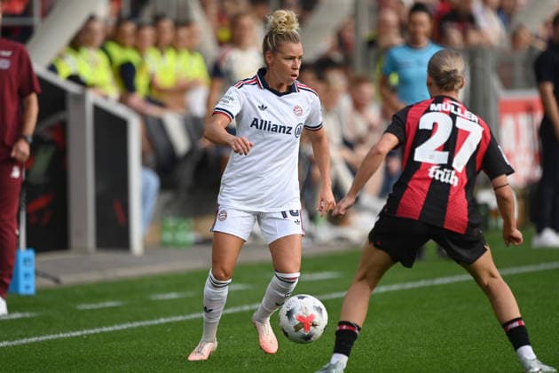 Linda DALLMANN M vs. Marlene MUeLLer Müller, LEV Action, Tackle, Bayer 04 Leverkusen vs. FC Bayern Munich Soccer Google Pixel Women s Bundesliga 2026–2027 Season, Matchday 4, on September 14, 2026, at Ulrich Habeland Stadium in Leverkusen, Â