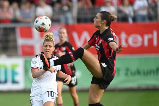 Linda DALLMANN (M) vs. Selina OSTERMEIER (LEV) Action, Tackle, Bayer 04 Leverkusen vs. FC Bayern Munich Soccer Google Pixel Women s Bundesliga 2026–2027 Season, Matchday 4, on September 14, 2026, at the Ulrich Habeland Stadium in Leverkusen, Â