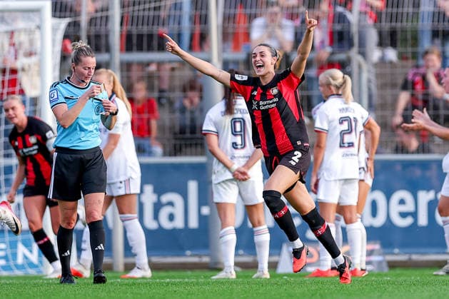 September 14, 2026, Soccer, Women s Bundesliga 1, Bayer 04 Leverkusen vs. FC Bayern Munich, Matchday 4, Ulrich Haberland Stadium, 2026–27 Season: Celebration after the 1–0 goal by scorer Paulina Tomasiak (Bayer 04 Leverkusen). Pictured: Selina Ostermeier (Bayer 04 Leverkusen 02) celebrating. DFB regulations prohibit any use of photographs as image sequences and or quasi-video. NorthRhineland-Westphalia, Germany
