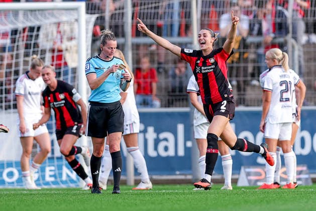 September 14, 2026, Soccer, Women s Bundesliga 1, Bayer 04 Leverkusen vs. FC Bayern Munich, Matchday 4, Ulrich Haberland Stadium, 2026–27 Season: Celebration after the 1–0 goal by scorer Paulina Tomasiak (Bayer 04 Leverkusen). Pictured: Selina Ostermeier (Bayer 04 Leverkusen 02) celebrating. DFB regulations prohibit any use of photographs as image sequences and or quasi-video. NorthRhineland-Westphalia, Germany