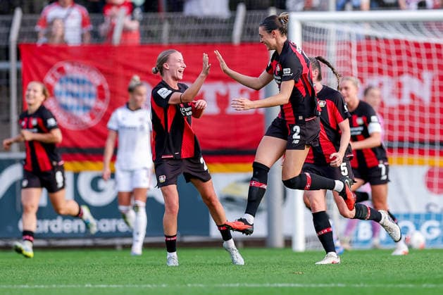 September 14, 2026, Soccer, Women s Bundesliga 1, Bayer 04 Leverkusen vs. FC Bayern Munich, Matchday 4, Ulrich Haberland Stadium, 2026–27 Season: Goal celebration after the 1–0 goal by scorer Paulina Tomasiak (Bayer 04 Leverkusen). Pictured: Selina Ostermeier (Bayer 04 Leverkusen 02) celebrating. DFB regulations prohibit any use of photographs as image sequences and or quasi-video. NorthRhineland-Westphalia, Germany