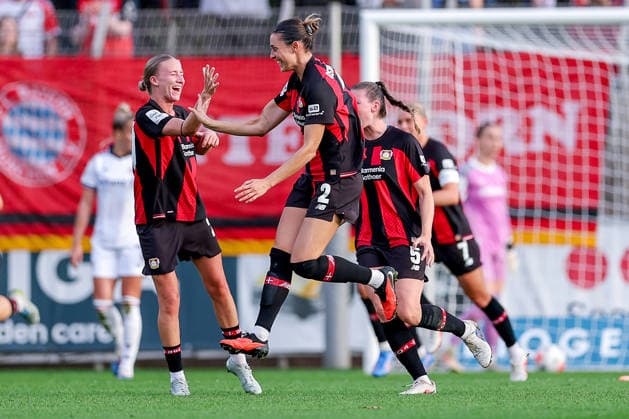 September 14, 2026, Soccer, Women s Bundesliga 1, Bayer 04 Leverkusen vs. FC Bayern Munich, Matchday 4, Ulrich Haberland Stadium, 2026–27 Season: Goal celebration after the 1–0 goal by scorer Paulina Tomasiak (Bayer 04 Leverkusen). Pictured: Selina Ostermeier (Bayer 04 Leverkusen 02) celebrating. DFB regulations prohibit any use of photographs as image sequences and or quasi-video. NorthRhineland-Westphalia, Germany