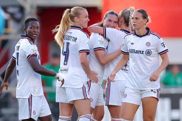 September 14, 2026, Soccer, Women s Bundesliga 1, Bayer 04 Leverkusen vs. FC Bayern Munich, Matchday 4, Ulrich Haberland Stadium, 2026–27 Season: Goal celebration after the 1–1 goal scored by Vanessa Gilles (FC Bayern Munich 02), along with Glodis Viggosdottir (FC Bayern Munich 04), Bernadette Amani (FC Bayern Munich 15), and Giulia Gwinn (FC Bayern Munich 07). DFB regulations prohibit any use of photographs as image sequences and or quasi-video. North Rhine-Westphalia, Germany