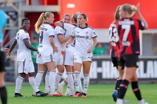September 14, 2026, Soccer, Women s Bundesliga 1, Bayer 04 Leverkusen vs. FC Bayern Munich, Matchday 4, Ulrich Haberland Stadium, 2026–27 Season: Goal celebration after the 1–1 goal scored by Vanessa Gilles (FC Bayern Munich 02), along with Glodis Viggosdottir (FC Bayern Munich 04), Bernadette Amani (FC Bayern Munich 15), and Giulia Gwinn (FC Bayern Munich 07). DFB regulations prohibit any use of photographs as image sequences and or quasi-video. North Rhine-Westphalia, Germany