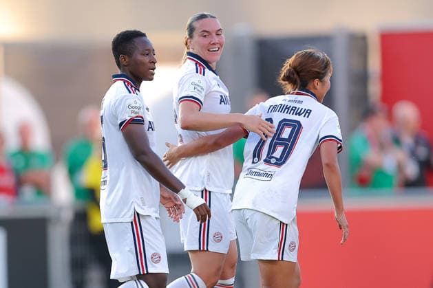 September 14, 2026, Soccer, Women s Bundesliga 1, Bayer 04 Leverkusen vs. FC Bayern Munich, Matchday 4, Ulrich Haberland Stadium, 2026–27 season. Goal celebration after the 1–1 goal by scorer Vanessa Gilles. FC Bayern Munich 02. In accordance with DFB regulations, any use of photographs as image sequences and or quasi-video is prohibited. North Rhine-Westphalia, Germany