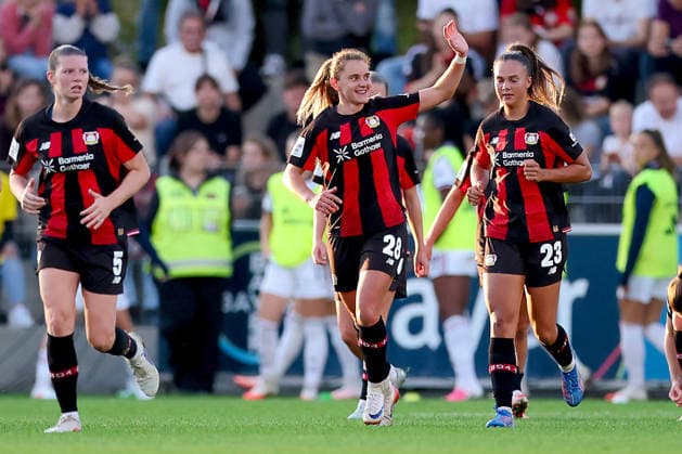 September 14, 2026, Soccer, Women s Bundesliga 1, Bayer 04 Leverkusen vs. FC Bayern Munich, Matchday 4, Ulrich Haberland Stadium, 2026–27 season. Celebration following the goal that made the score 2–1, scored by Paulina Tomasiak. Bayer 04 Leverkusen. 28 DFB regulations prohibit any use of photographs as image sequences and or quasi-video. North Rhine-Westphalia, Germany