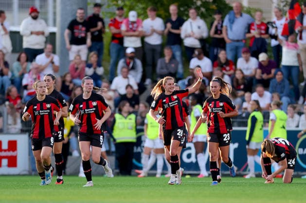 September 14, 2026, Soccer, Women s Bundesliga 1, Bayer 04 Leverkusen vs. FC Bayern Munich, Matchday 4, Ulrich Haberland Stadium, 2026–27 season. Celebration following the goal that made the score 2–1, scored by Paulina Tomasiak. Bayer 04 Leverkusen. 28 DFB regulations prohibit any use of photographs as image sequences and or quasi-video. North Rhine-Westphalia, Germany