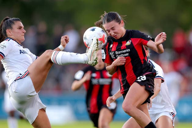 September 14, 2026, Soccer, Women s Bundesliga 1, Bayer 04 Leverkusen vs. FC Bayern Munich, Matchday 4, Ulrich Haberland Stadium, 2026–27 Season Loreen Bender (Bayer 04 Leverkusen, No. 19) in a tackle against xxxxx DFB regulations prohibit any use of photographs as image sequences and or quasi-video North Rhine-Westphalia, Germany