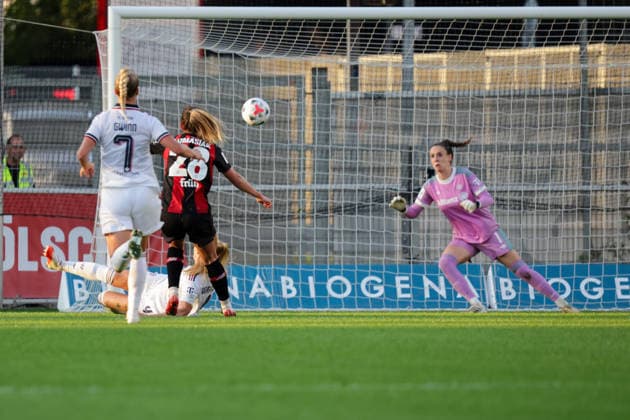 September 14, 2026, xgrfx, Soccer Google Pixel Women s Bundesliga, Bayer Leverkusen vs. FC Bayern Munich, Goal, Paulina Tomasiak scores to make it 2-1 for Bayer Leverkusen, Leverkusen