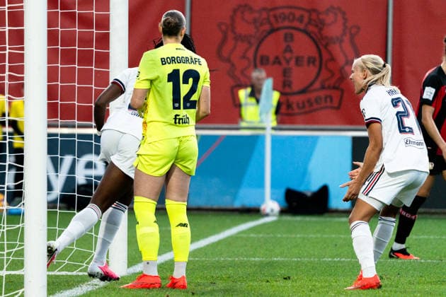 Germany Google Pixel Women s Bundesliga 2026, Matchday 27, Game 4: Bayer 04 Leverkusen vs. FC Bayern Munich, September 14, 2026, Ulrich Haberland Stadium, 2-2 goal by Imade Edna, celebration, joy, emotions, goal celebration, Harder, Pernille Copyright: xCelinaxLeiersx