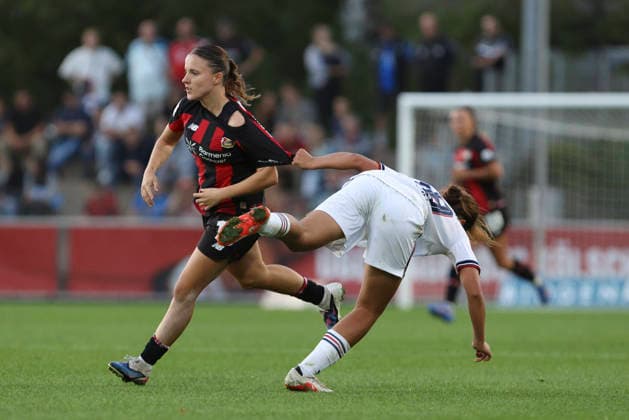 Estrella Merino Gonzalez of Bayer 04 Leverkusen and Momoko Tanikawa of FC Bayern Munich battle for the ball during the Women s Bundesliga match between Bayer 04 Leverkusen and FC Bayern Munich at Ulrich Haberland Stadium on September 14, 2026, in Leverkusen, Germany. Photo by Oliver Kaelke, DeFodi Images. Estrella Merino Gonzalez of Bayer 04 Leverkusen and Momoko Tanikawa of FC Bayern Munich battle for the ball during the Bundesliga match between Bayer 04 Leverkusen and FC Bayern Munich at Ulrich Haberland Stadium on September 14, 2026 in Leverkusen, Germany. Photo by Oliver Kaelke, DeFodi Images. DFB and DFL regulations prohibit any use of photographs as image sequences and or quasi-video. Photo by Oliver Kaelke, DeFodi Images.