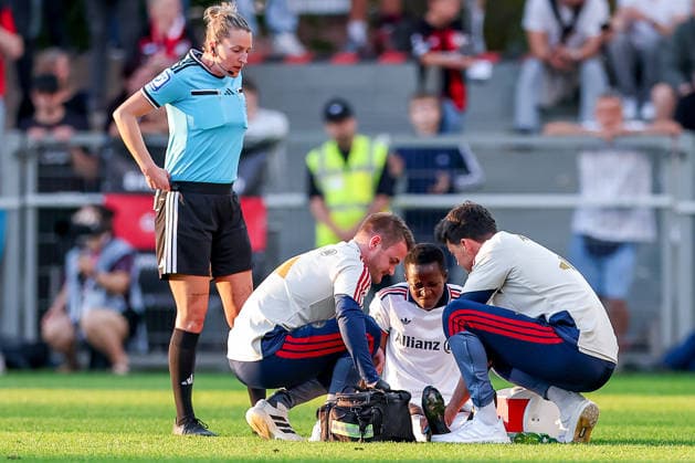 September 14, 2026, Soccer, Women s Bundesliga 1, Bayer 04 Leverkusen vs. FC Bayern Munich, Matchday 4, Ulrich Haberland Stadium, 2026–27 season: Bernadette Amani of FC Bayern Munich is injured on the field and requires medical attention. DFB regulations prohibit any use of photographs as image sequences and or quasi-video. North Rhine-Westphalia, Germany
