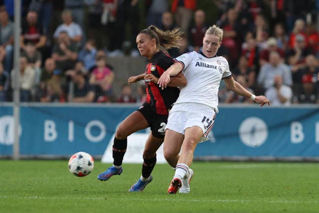 Maja Sternad of Bayer 04 Leverkusen and Alara Åžehitler of FC Bayern Munich battle for the ball during the Women s Bundesliga match between Bayer 04 Leverkusen and FC Bayern Munich at Ulrich Haberland Stadium on September 14, 2026, in Leverkusen, Germany. Photo by Oliver Kaelke, DeFodi Images. Maja Sternad of Bayer 04 Leverkusen and Alara Åžehitler of FC Bayern Munich battle for the ball during the Bundesliga match between Bayer 04 Leverkusen and FC Bayern Munich at Ulrich Haberland Stadium on September 14, 2026 in Leverkusen, Germany. Photo by Oliver Kaelke, DeFodi Images. DFB and DFL regulations prohibit any use of photographs as image sequences and or quasi-video. Photo by Oliver Kaelke, DeFodi Images.