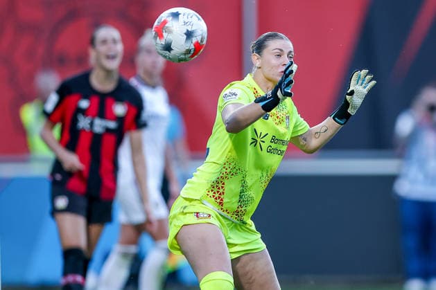 September 14, 2026, Soccer, Women s Bundesliga 1, Bayer 04 Leverkusen vs. FC Bayern Munich, Matchday 4, Ulrich Haberland Stadium, 2026–27 Season: Rafaela Borggräfe of Bayer 04 Leverkusen watches the ball as it goes in for the 2–2 goal. DFB regulations prohibit any use of photographs as image sequences and or quasi-video. North Rhine-Westphalia, Germany