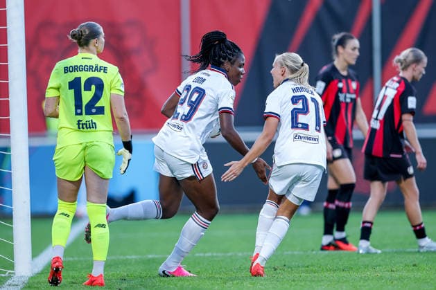 September 14, 2026, Soccer, Women s Bundesliga 1, Bayer 04 Leverkusen vs. FC Bayern Munich, Matchday 4, Ulrich Haberland Stadium, 2026–27 season. Goal celebration after the 2–2 goal by Edna Imade (FC Bayern Munich 29) alongside Pernille Harder (FC Bayern Munich 21). DFB regulations prohibit any use of photographs as image sequences and or quasi-video. North Rhine-Westphalia, Germany