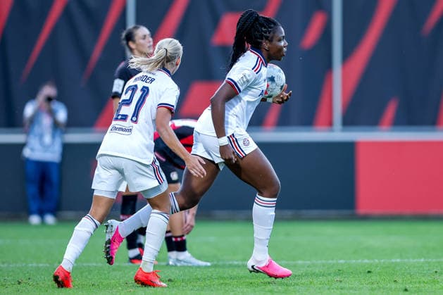 September 14, 2026, Soccer, Women s Bundesliga 1, Bayer 04 Leverkusen vs. FC Bayern Munich, Matchday 4, Ulrich Haberland Stadium, 2026–27 season. Goal celebration after the 2–2 goal by Edna Imade (FC Bayern Munich 29) alongside Pernille Harder (FC Bayern Munich 21). DFB regulations prohibit any use of photographs as image sequences and or quasi-video. North Rhine-Westphalia, Germany