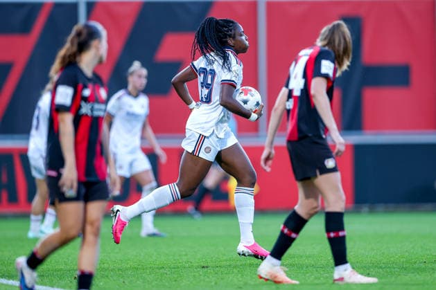 September 14, 2026, Soccer, Women s Bundesliga 1, Bayer 04 Leverkusen vs. FC Bayern Munich, Matchday 4, Ulrich Haberland Stadium, 2026–27 season. Celebration after the 2–2 goal by Edna Imade of FC Bayern Munich, 29. In accordance with DFB regulations, any use of photographs as image sequences and or quasi-video is prohibited. North Rhine-Westphalia, Germany
