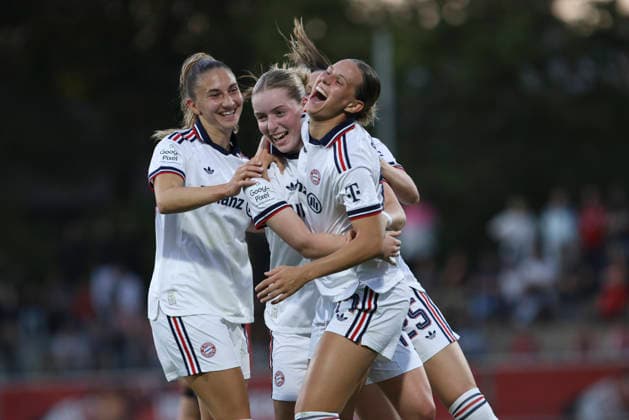 Alara Åžehitler of FC Bayern Munich celebrates a goal with her teammates after scoring the 2-3 goal during the Women s Bundesliga match between Bayer 04 Leverkusen and FC Bayern Munich at Ulrich Haberland Stadium on September 14, 2026, in Leverkusen, Germany. Photo by Oliver Kaelke, DeFodi Images. Alara Åžehitler of FC Bayern Munich celebrates with her teammates after her team scored its third goal during the Bundesliga match between Bayer 04 Leverkusen and FC Bayern Munich at Ulrich Haberland Stadium on September 14, 2026 in Leverkusen, Germany. Photo by Oliver Kaelke, DeFodi Images. DFB and DFL regulations prohibit any use of photographs as image sequences and or quasi-video. Photo by Oliver Kaelke, DeFodi Images.