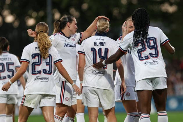 Alara Åžehitler of FC Bayern Munich celebrates a goal with her teammates after scoring the 2-3 goal during the Women s Bundesliga match between Bayer 04 Leverkusen and FC Bayern Munich at Ulrich Haberland Stadium on September 14, 2026, in Leverkusen, Germany. Photo by Oliver Kaelke, DeFodi Images. Alara Åžehitler of FC Bayern Munich celebrates with her teammates after her team scored its third goal during the Bundesliga match between Bayer 04 Leverkusen and FC Bayern Munich at Ulrich Haberland Stadium on September 14, 2026 in Leverkusen, Germany. Photo by Oliver Kaelke, DeFodi Images. DFB and DFL regulations prohibit any use of photographs as image sequences and or quasi-video. Photo by Oliver Kaelke, DeFodi Images.