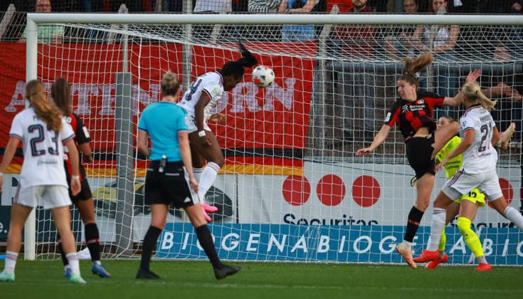 Edna Imade of Munich scores a header to make it 2–2, Leverkusen, Germany, September 14, 2026, Women s Bundesliga, Matchday 4, Bayer 04 Leverkusen vs. FC Bayern Munich