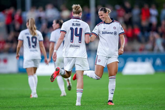 September 14, 2026, Soccer, Women s Bundesliga 1, Bayer 04 Leverkusen vs. FC Bayern Munich, Matchday 4, Ulrich Haberland Stadium, 2026–27 Season, Goal celebration after the 3–2 goal by scorer Alara Sehitler of FC Bayern Munich 14. In accordance with DFB regulations, any use of photographs as image sequences and or quasi-video is prohibited. North Rhine-Westphalia, Germany