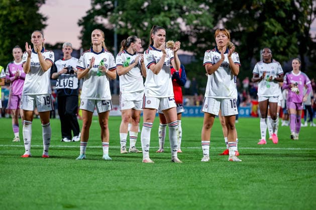 September 14, 2026, Soccer, Women s Bundesliga 1, Bayer 04 Leverkusen vs. FC Bayern Munich, Matchday 4, Ulrich Haberland Stadium, 2026–27 Season: Celebrations following the Bayern Women’s 3–2 victory over Bayer 04. Katharina Naschenweng, FC Bayern Munich 19; Sophie Proost, FC Bayern Munich 23; Sarah Zadrazil, FC Bayern Munich 25; Momoko Tanikawa, FC Bayern Munich 18; Edna Imade, FC Bayern Munich 29 DFB regulations prohibit any use of photographs as image sequences and or quasi-video. North Rhine-Westphalia, Germany