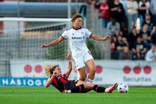 Graetsche by Paulina Tomasiak, Bayer 04 Leverkusen, 28, to Momoko Tanikawa, FC Bayern Munich, 18; Bayer 04 Leverkusen vs. FC Bayern Munich, soccer, Google Pixel Women’s Bundesliga, Matchday 4, 2026–2027 season, September 14, 2026 DFB regulations prohibit any use of photographs as image sequences and or quasi-video Bayer 04 Leverkusen vs. FC Bayern Munich, soccer, Google Pixel Women’s Bundesliga, Matchday 4, 2026–2027 Season, September 14, 2026, Leverkusen Copyright: xEibner-Pressefoto J.xDerondeaux EP_JDU