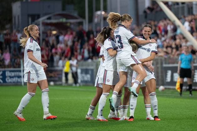 Bayern Munich celebrates the goal to make it 2-3, Bayer 04 Leverkusen Women vs. FC Bayern Munich Women, Soccer, Google Pixel Women s Bundesliga, Matchday 4, 2026–2027, September 14, 2026. DFB regulations prohibit any use of photographs as image sequences and or quasi-video. Leverkusen, North Rhine-Westphalia, Germany Copyright: xkolbert-press MarkusxVerwimpx