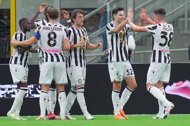 Udinese™s Jurgen Ekkelenkamp celebrates after scoring 0-2 during the Serie A soccer match between Fc Inter and Udinese the San Siro Stadium in Milan, north Italy - September 14 , 2026. - Soccer  Copyright: xSpada LaPressex