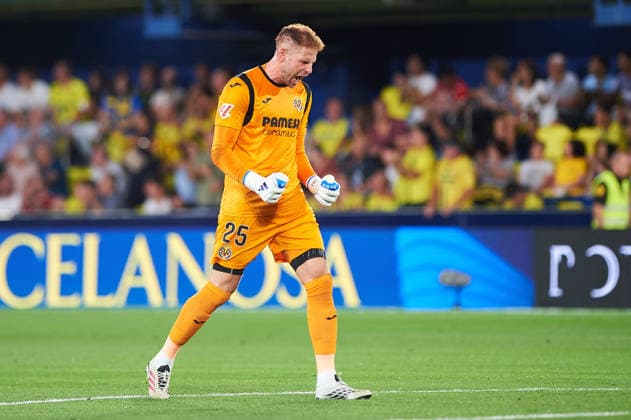Peter Gulacsi of Villarreal CF celebrates after scoring his team s first goal during the LaLiga EA Sports match between Villarreal CF and Real Betis Balompie at Estadio de la Cerámica on September 14, 2026, in Villarreal, Spain