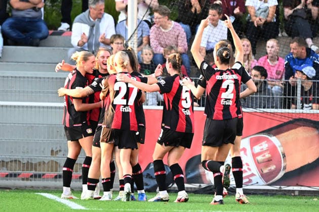 Bayer Leverkusen Women s goal celebration after Paulina TOMASIAK LEV scored the 2–1 goal; celebration, cheering, joy, cheers, Bayer 04 Leverkusen vs. FC Bayern Munich 2–3, soccer, Google Pixel, Women’s Bundesliga, 2026–2027 season, Matchday 4, on September 14, 2026, at Ulrich Habeland Stadium in Leverkusen, Â