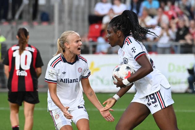 Edna IMADE M celebrates her goal to tie the score at 2–2 with Pernille HARDER M; celebration, cheering, joy, cheers, Bayer 04 Leverkusen vs. FC Bayern Munich 2–3, soccer, Google Pixel, Women s Bundesliga, 2026–2027 season, Matchday 4, on September 14, 2026, at the Ulrich Habeland Stadium in Leverkusen, Â