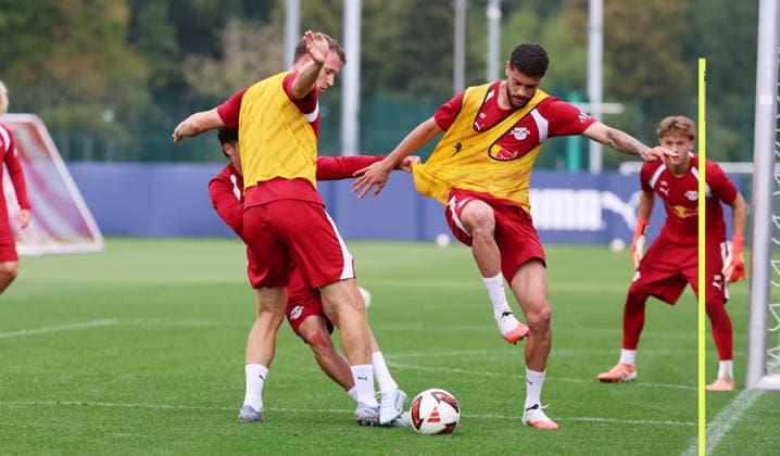 Leipzig, September 14, 2026, Red Bull Academy, Soccer, Bundesliga 1, RB Leipzig, Training, Pictured from left: Lukas Klostermann, Andrija Maksimovic, Romulo, For editorial use only, Picture Point