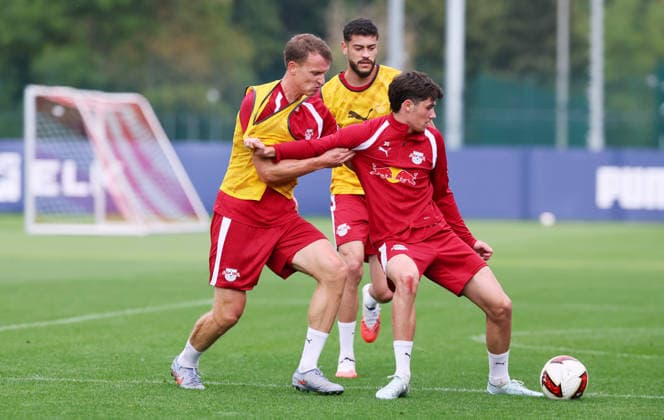Leipzig, September 14, 2026, Red Bull Academy, Soccer, Bundesliga 1, RB Leipzig, Training, Pictured from left: Lukas Klostermann, Andrija Maksimovic, Romulo, For editorial use only, Picture Point