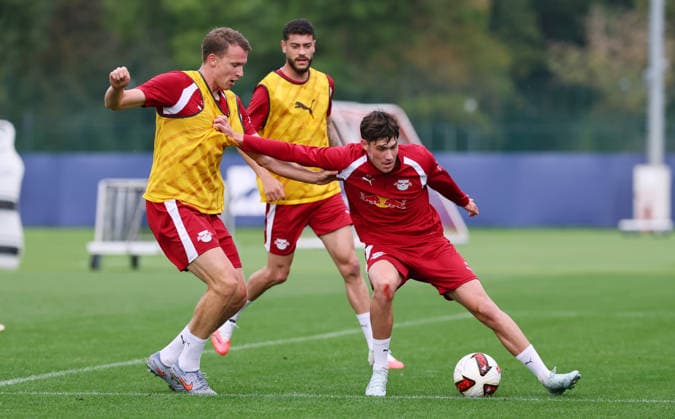 Leipzig, September 14, 2026, Red Bull Academy, Soccer, Bundesliga 1, RB Leipzig, Training, Pictured from left: Lukas Klostermann, Andrija Maksimovic, Romulo, For editorial use only, Picture Point