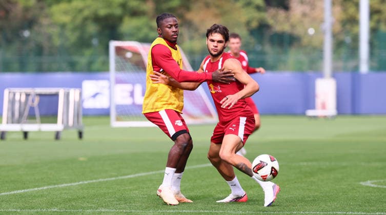 Leipzig, September 14, 2026, Red Bull Academy, Soccer, Bundesliga 1, RB Leipzig, Training, Pictured from left: V Johan Bakayoko, Max Finkgräfe Finkgraefe, For editorial use only, Picture Point